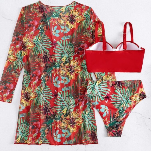 3 Piece Tropical Floral Print Push Up High Waisted Bikini Swimsuit Kimono GREEN - Picture 10 of 13